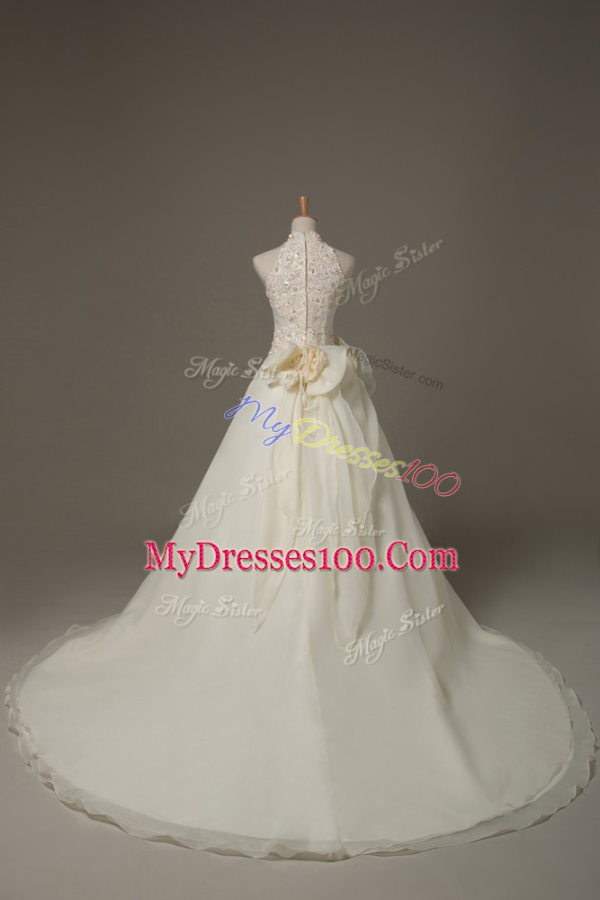 On Sale White Organza Zipper Wedding Gowns Sleeveless Court Train Beading and Lace and Hand Made Flower