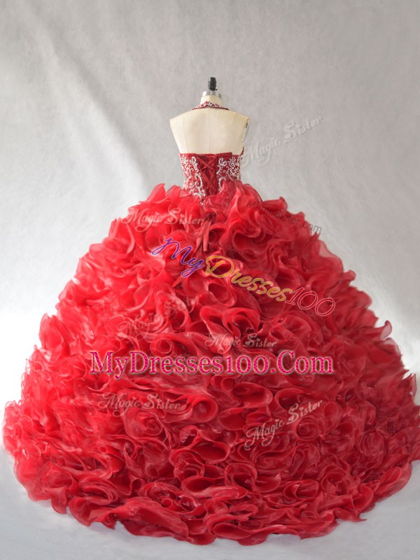 Stylish Red Halter Top Lace Up Beading and Ruffles 15th Birthday Dress Brush Train Sleeveless