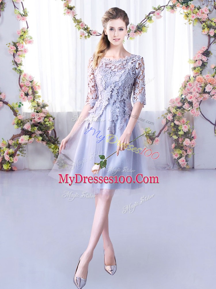 Exceptional Grey Half Sleeves Tulle Lace Up Wedding Party Dress for Wedding Party