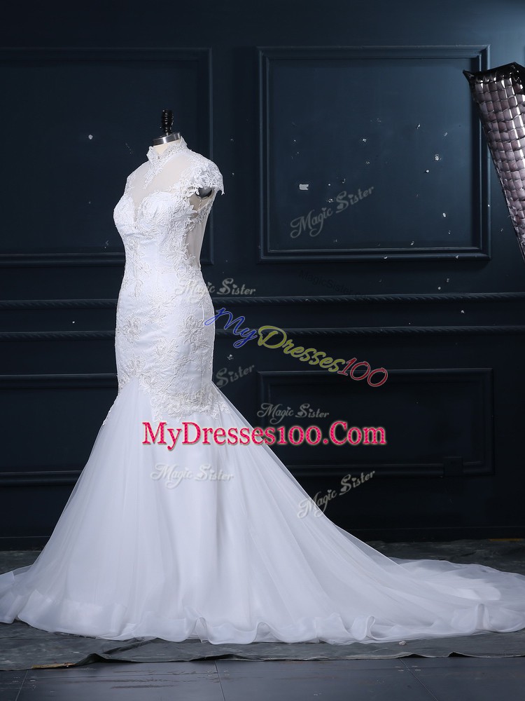 Best High-neck Cap Sleeves Wedding Gowns Court Train Lace White Tulle