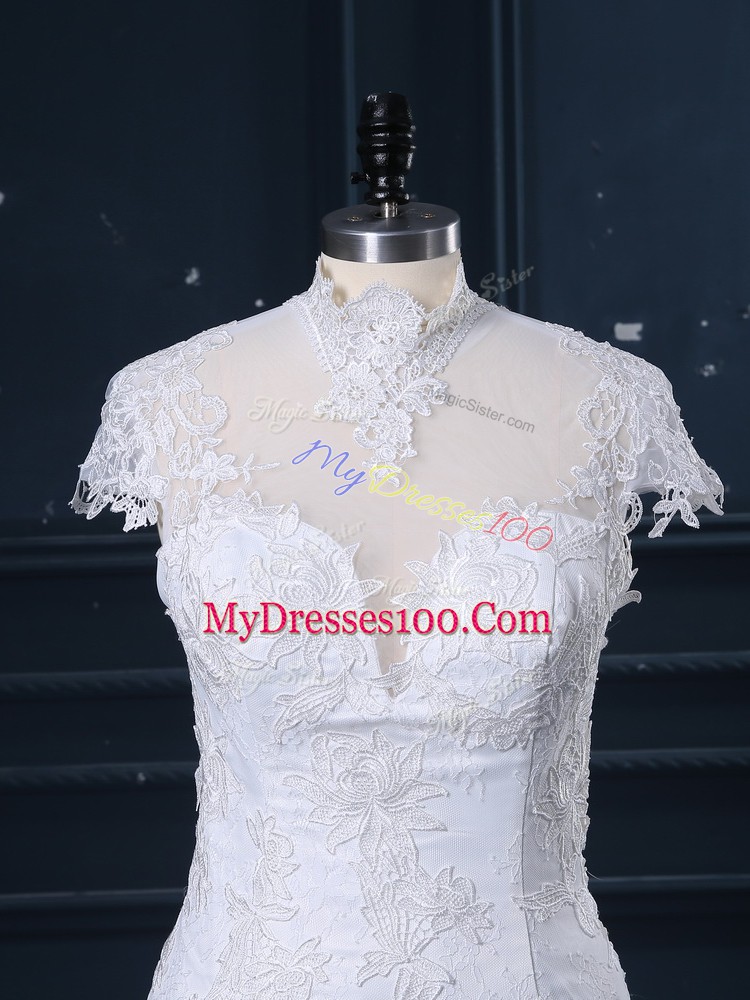 Best High-neck Cap Sleeves Wedding Gowns Court Train Lace White Tulle