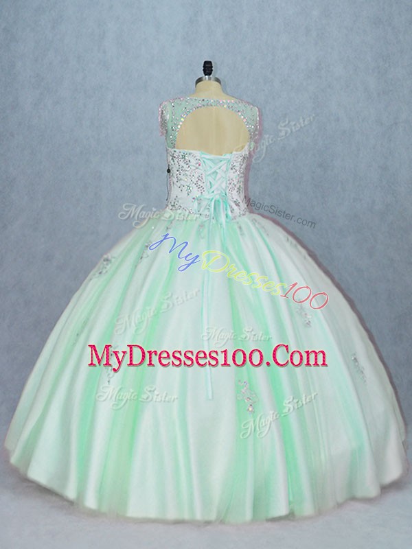 Apple Green Tulle Lace Up Vestidos de Quinceanera Sleeveless Floor Length Beading and Appliques