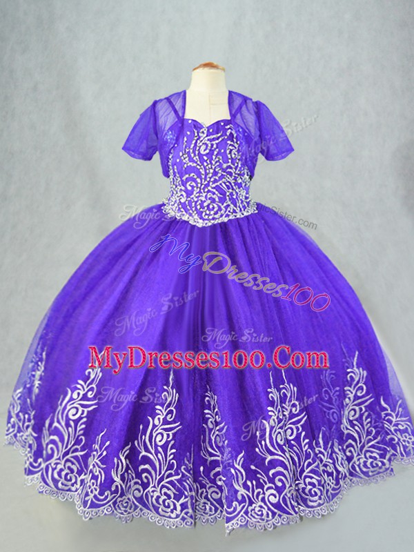 Superior Floor Length Lace Up Little Girls Pageant Dress Wholesale Purple for Wedding Party with Beading and Embroidery