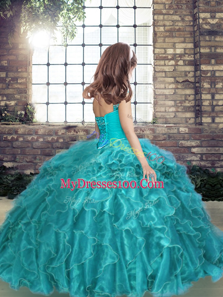 Straps Sleeveless Little Girl Pageant Gowns Floor Length Beading and Ruffles Yellow Green Organza