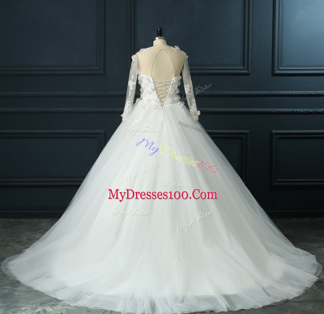 Most Popular Scoop 3 4 Length Sleeve Tulle Wedding Dress Lace and Appliques Court Train Lace Up