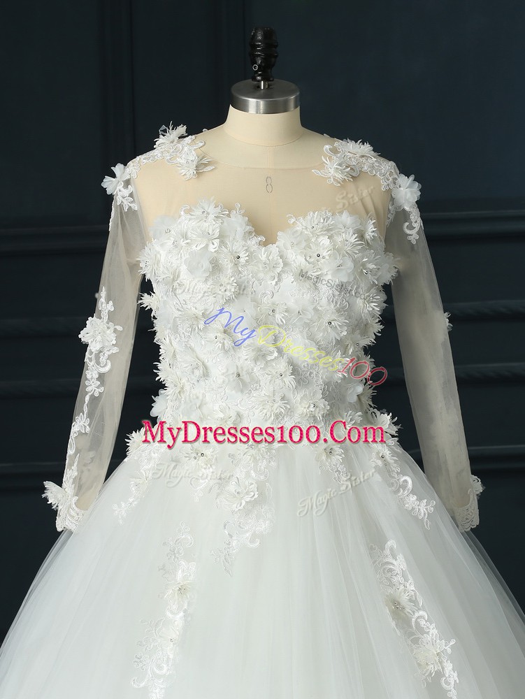 Most Popular Scoop 3 4 Length Sleeve Tulle Wedding Dress Lace and Appliques Court Train Lace Up