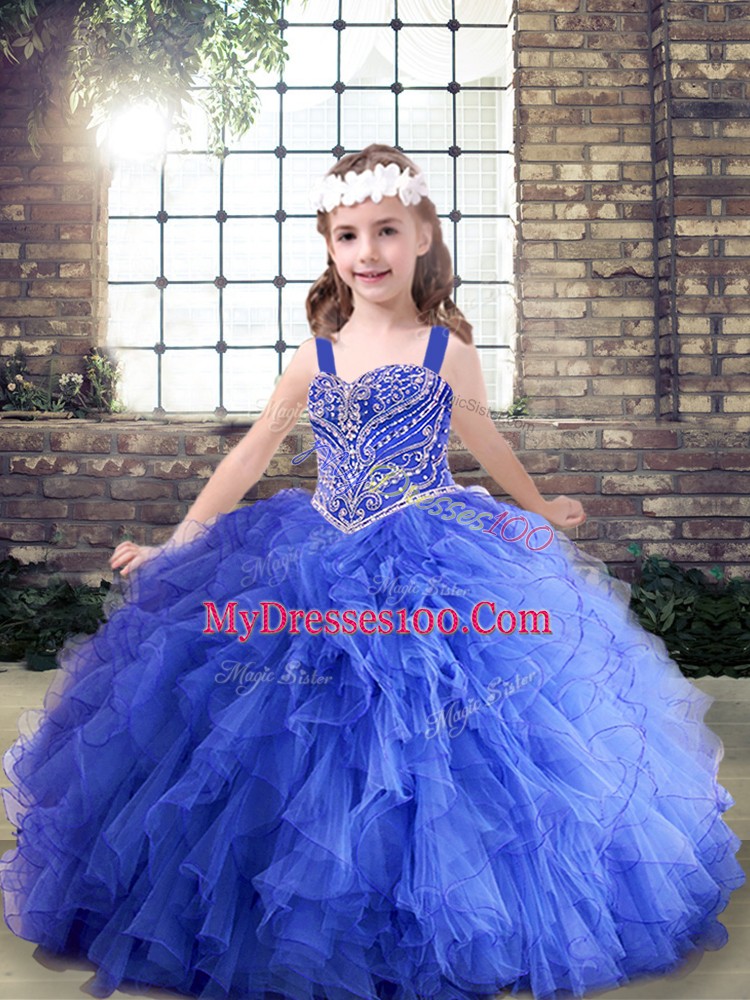 Elegant Sleeveless Tulle Floor Length Lace Up Little Girl Pageant Gowns in Blue with Beading and Ruffles