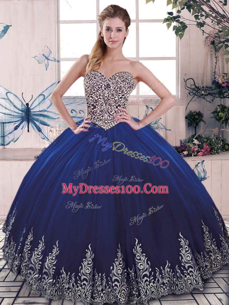 Tulle Sweetheart Sleeveless Lace Up Beading and Embroidery Quince Ball Gowns in Royal Blue