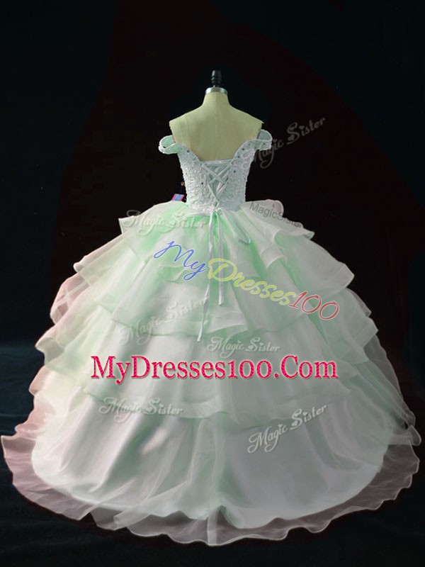 Trendy Apple Green Lace Up Off The Shoulder Beading and Ruffled Layers Quinceanera Dresses Organza Sleeveless Brush Train