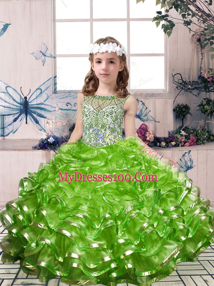 Floor Length Green Little Girls Pageant Dress Wholesale Organza Sleeveless Beading and Ruffles