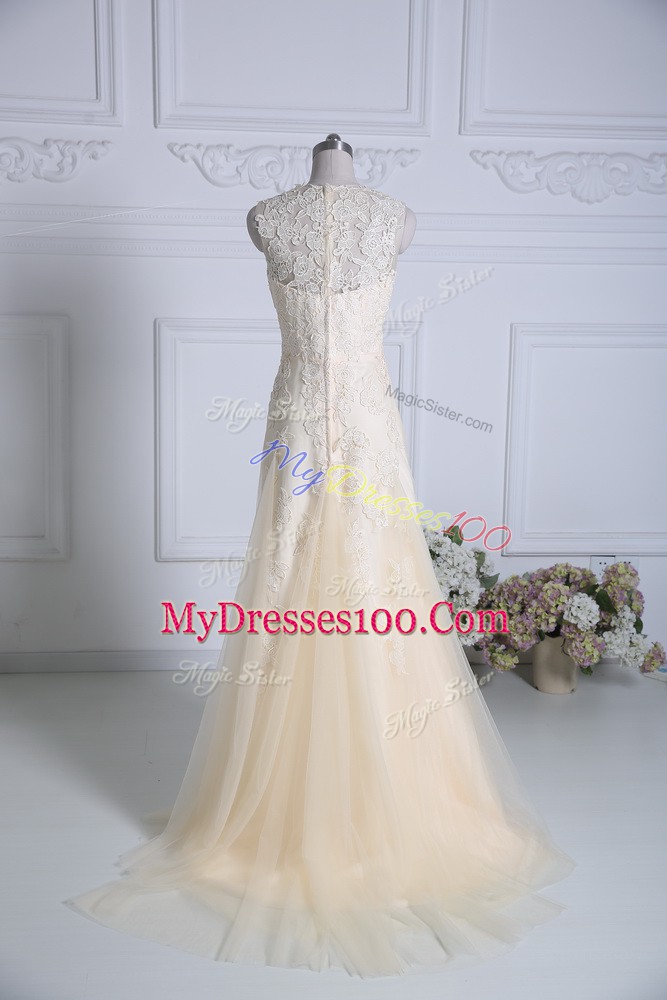 Sleeveless Tulle Brush Train Zipper Prom Gown in Champagne with Lace and Appliques