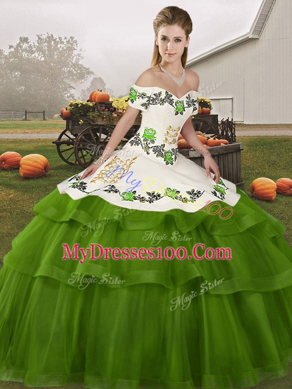 Olive Green Sleeveless Tulle Brush Train Lace Up Ball Gown Prom Dress for Military Ball and Sweet 16 and Quinceanera