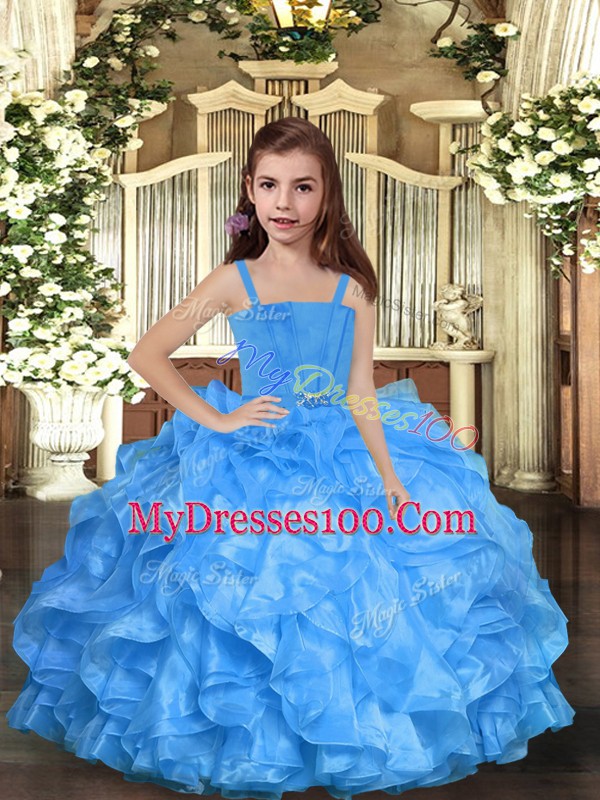 Floor Length Ball Gowns Sleeveless Blue Kids Formal Wear Lace Up