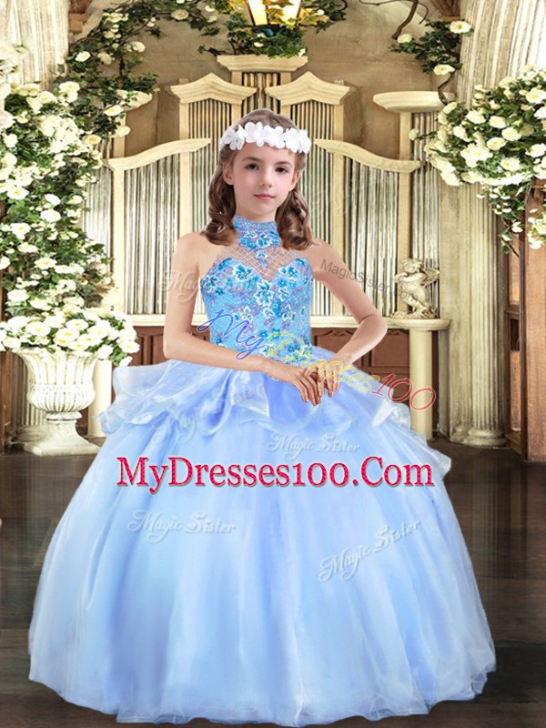 Sleeveless Organza Floor Length Lace Up Little Girls Pageant Gowns in Blue with Appliques