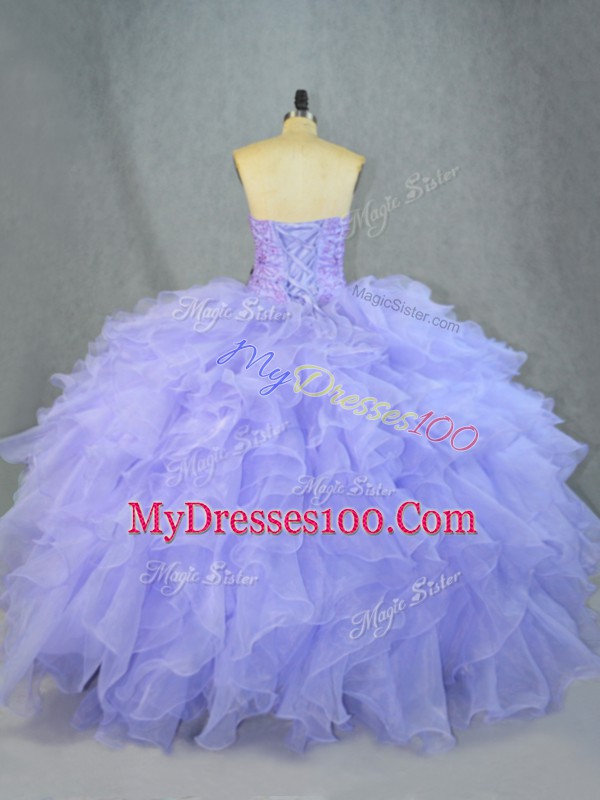 Lavender Sleeveless Organza Lace Up Quinceanera Gowns for Sweet 16 and Quinceanera