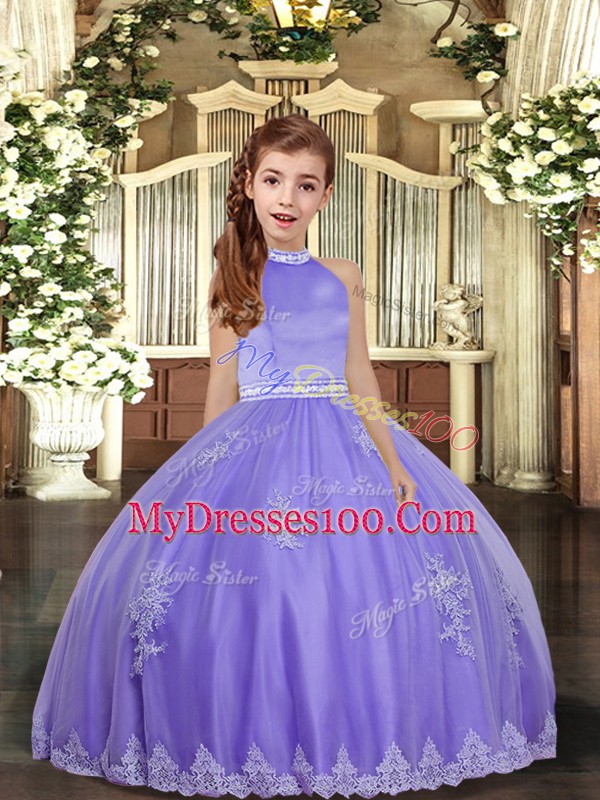 Custom Designed Ball Gowns Little Girls Pageant Gowns Lavender High-neck Tulle Sleeveless Floor Length Backless