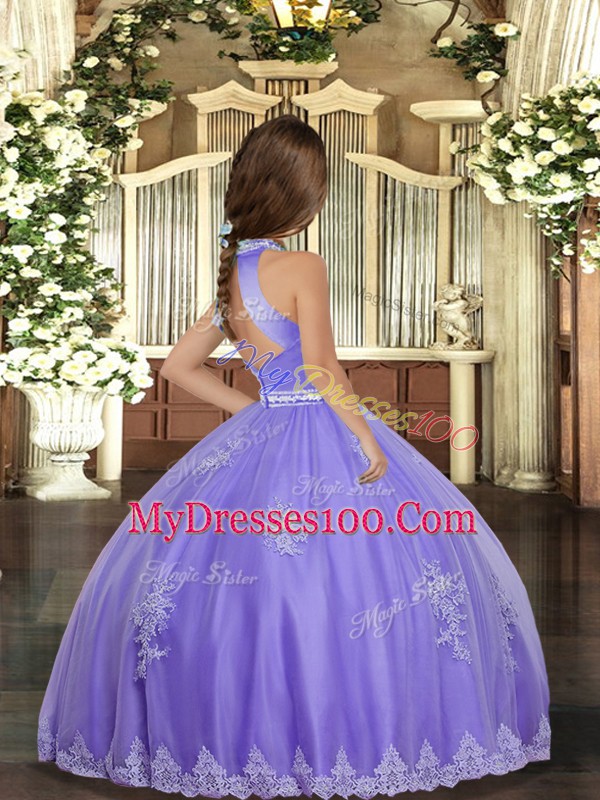 Custom Designed Ball Gowns Little Girls Pageant Gowns Lavender High-neck Tulle Sleeveless Floor Length Backless