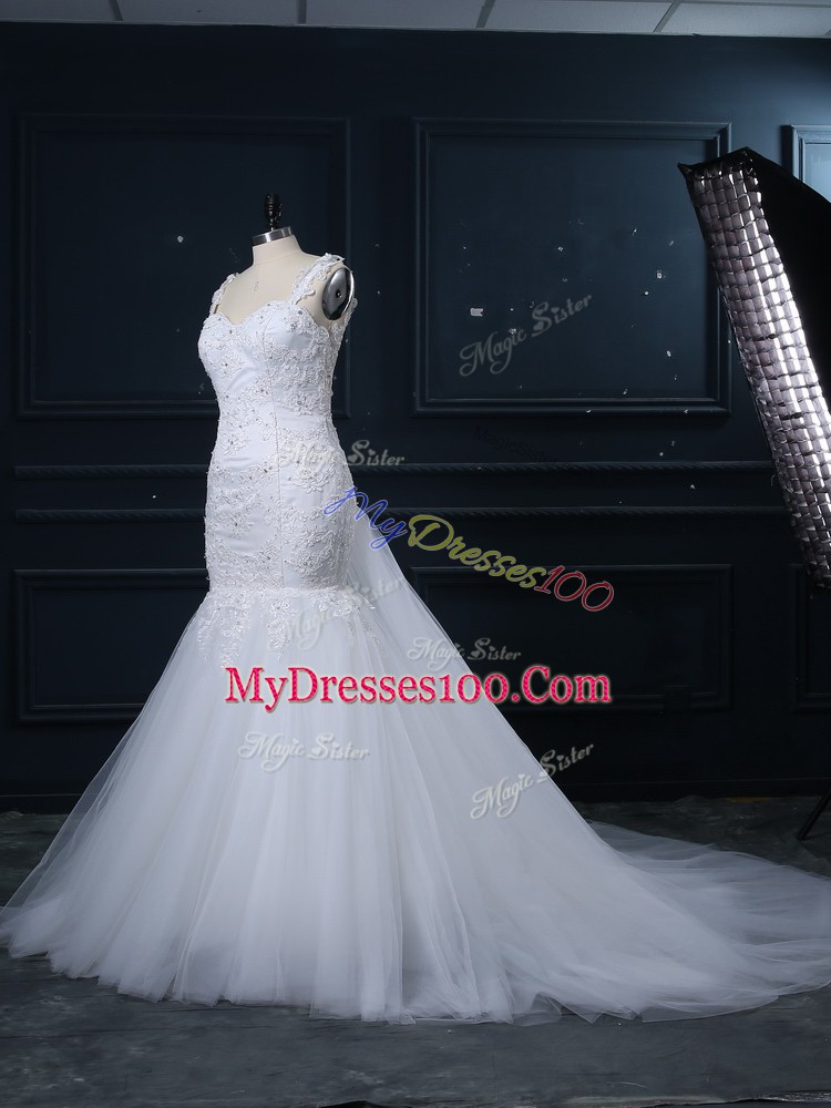 White Sleeveless Tulle Brush Train Side Zipper Wedding Dresses for Wedding Party