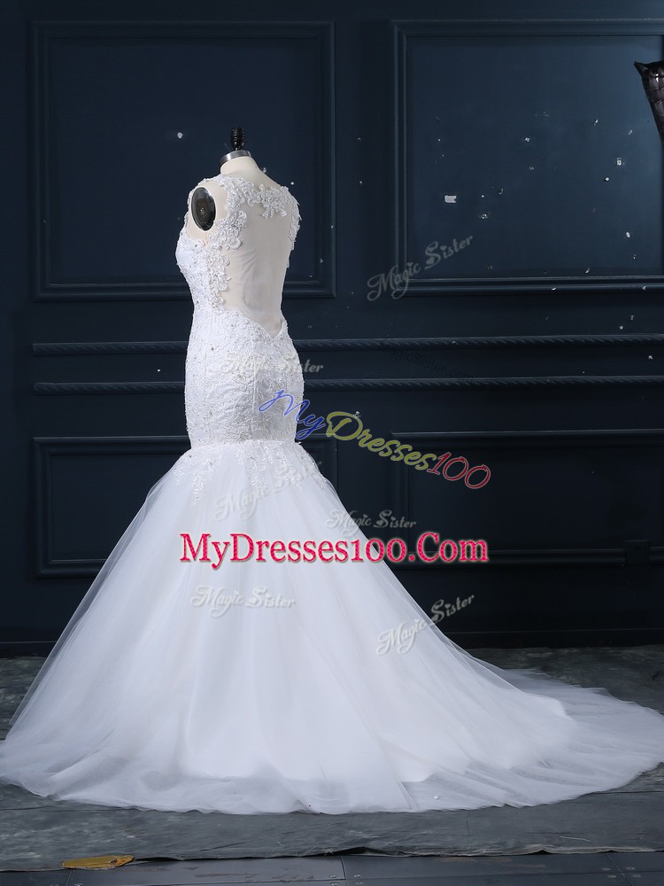 White Sleeveless Tulle Brush Train Side Zipper Wedding Dresses for Wedding Party