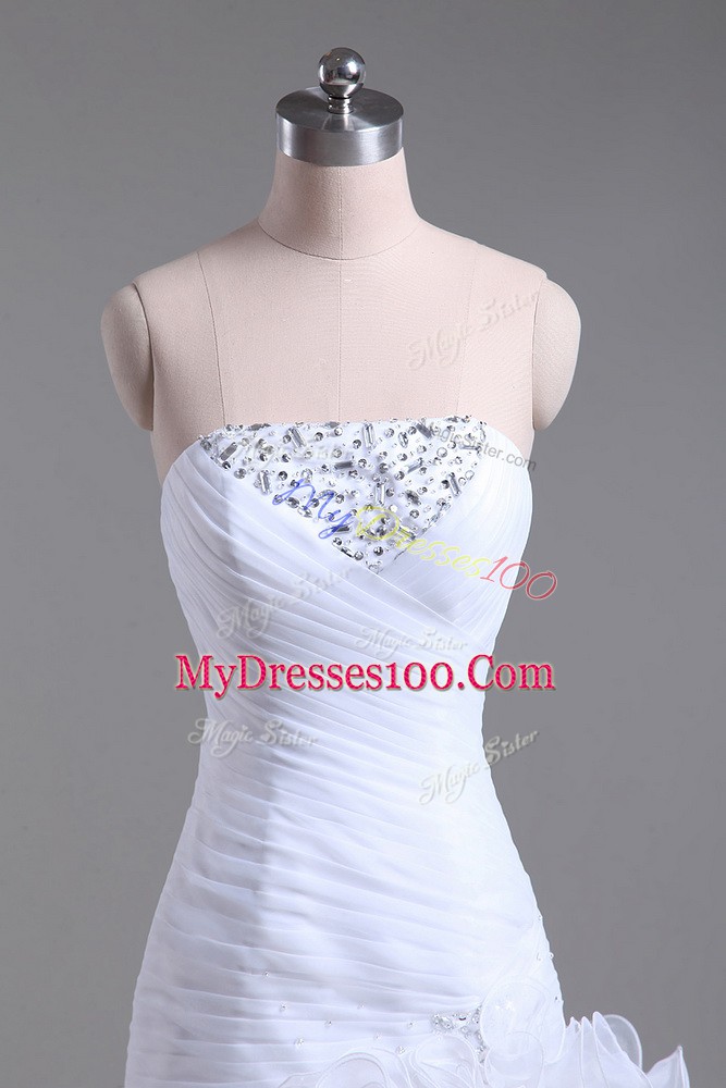 Strapless Sleeveless Wedding Gown High Low Beading and Ruffles White Organza