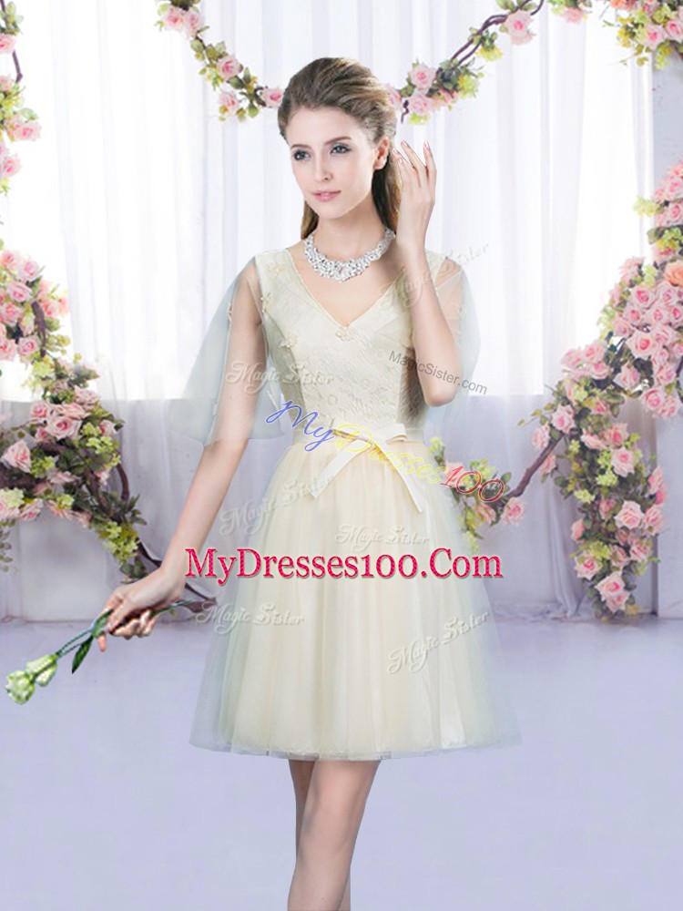 Champagne Sleeveless Tulle Lace Up Bridesmaids Dress for Wedding Party