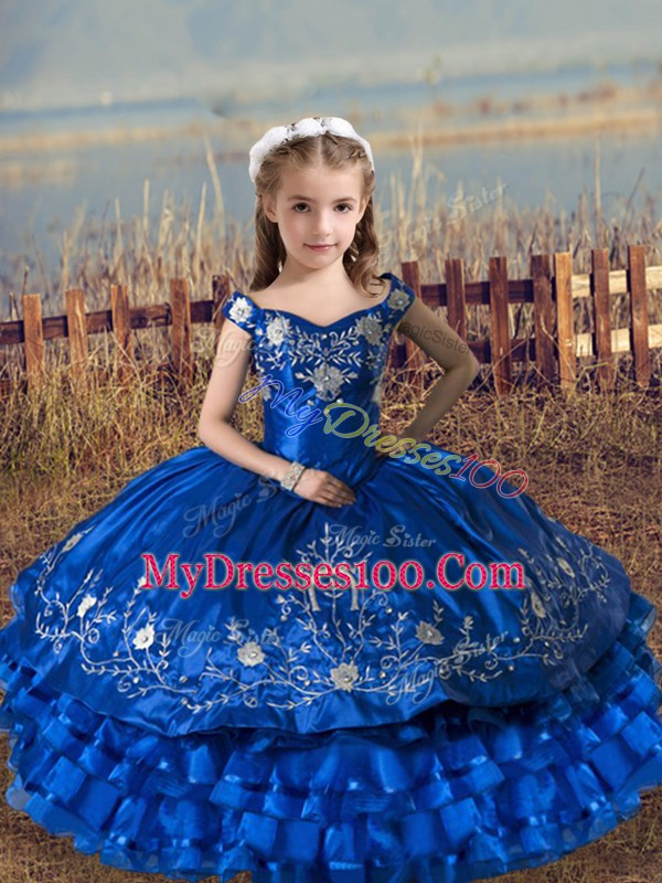 Sleeveless Floor Length Embroidery and Ruffled Layers Lace Up Little Girls Pageant Dress with Royal Blue