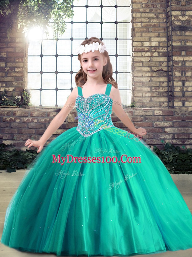 Sleeveless Floor Length Beading Side Zipper Little Girls Pageant Gowns with Turquoise