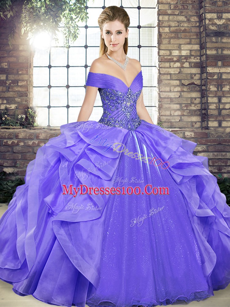 Sexy Lavender Lace Up 15 Quinceanera Dress Beading and Ruffles Sleeveless Floor Length