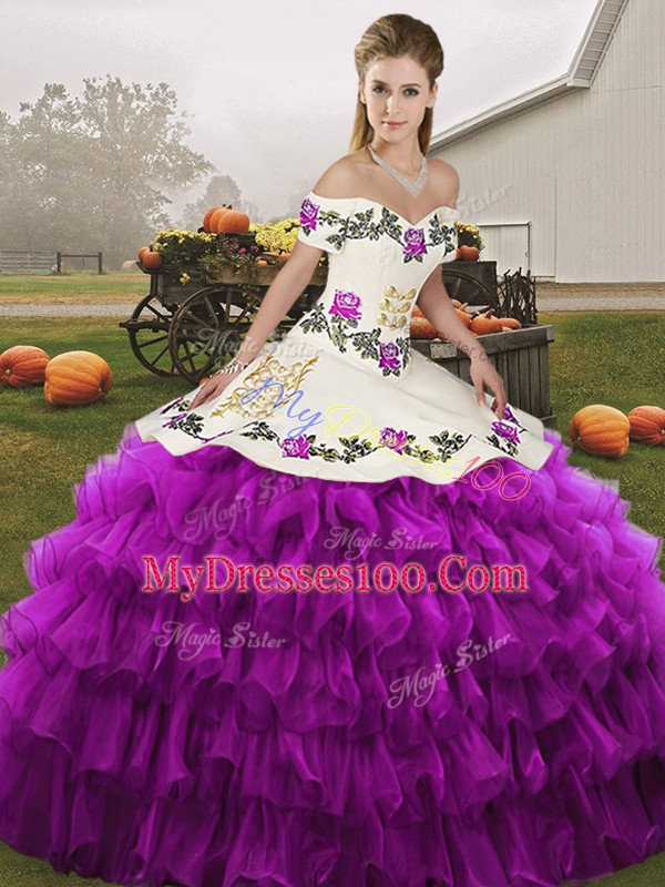 Spectacular White And Purple Ball Gowns Off The Shoulder Sleeveless Organza Floor Length Lace Up Embroidery and Ruffled Layers Ball Gown Prom Dress