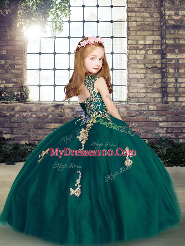 New Style Sleeveless Tulle Floor Length Lace Up Little Girl Pageant Gowns in Peacock Green with Appliques