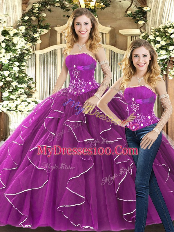 Purple Tulle Lace Up Strapless Sleeveless 15 Quinceanera Dress Beading and Ruffles