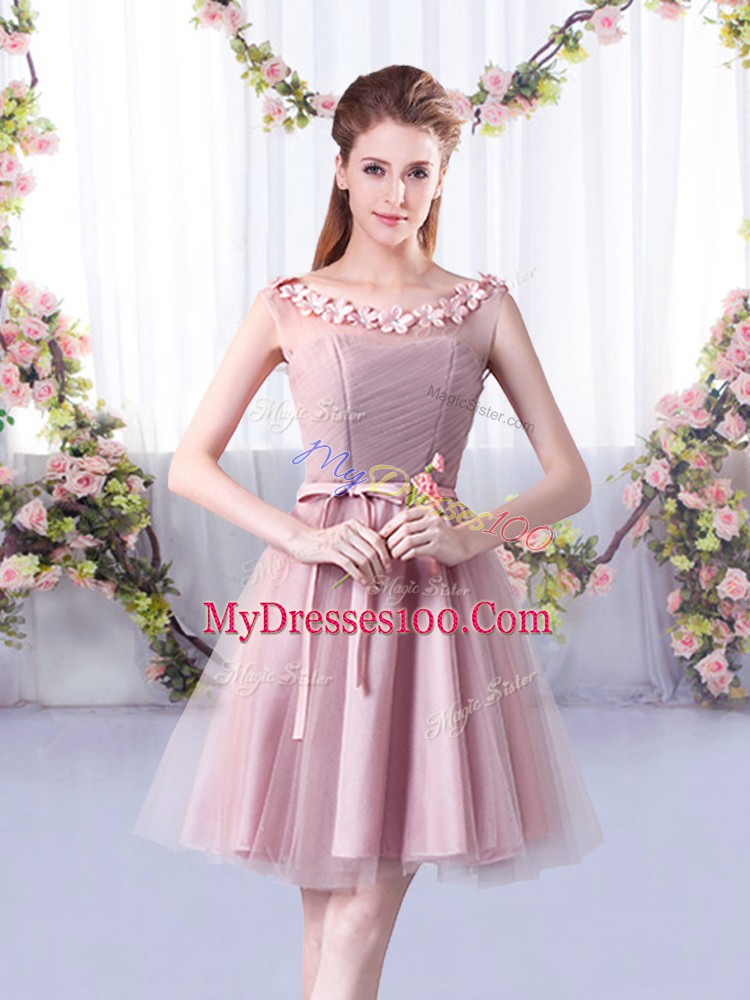 Artistic Pink Tulle Lace Up Bridesmaid Dresses Sleeveless Knee Length Appliques and Belt