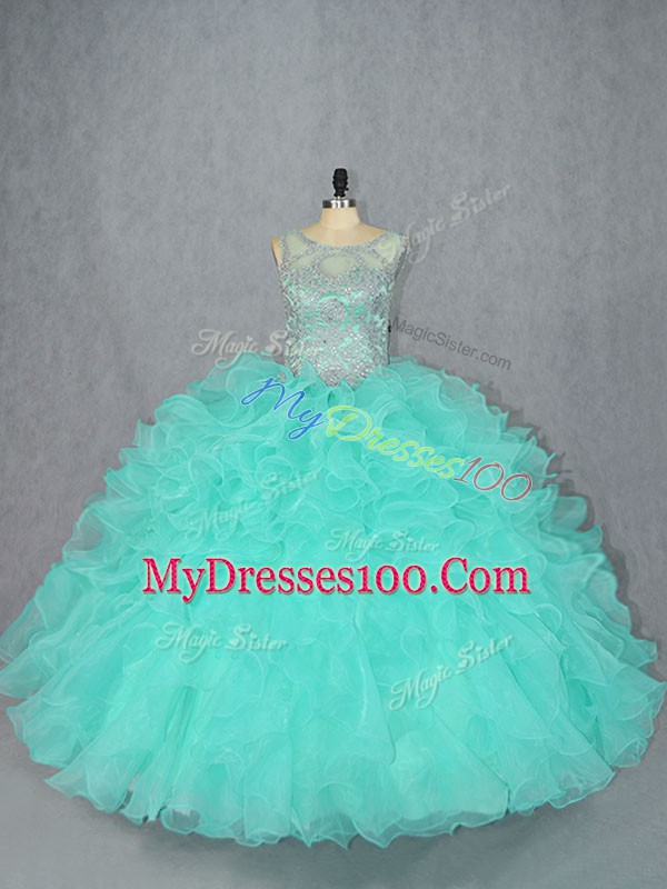 Flare Floor Length Aqua Blue Quince Ball Gowns Organza Sleeveless Beading