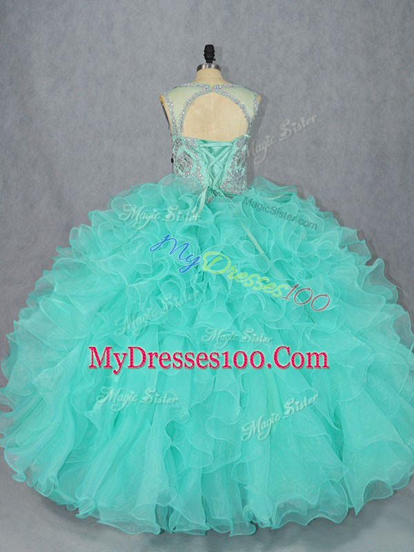 Flare Floor Length Aqua Blue Quince Ball Gowns Organza Sleeveless Beading