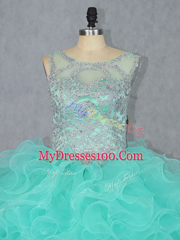 Flare Floor Length Aqua Blue Quince Ball Gowns Organza Sleeveless Beading