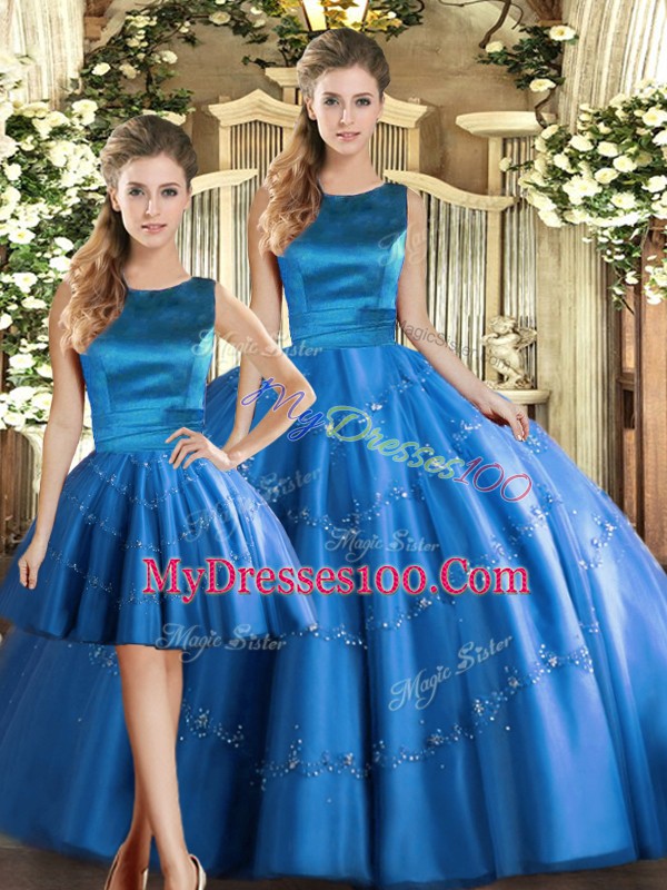 Appliques Sweet 16 Quinceanera Dress Blue Lace Up Sleeveless Floor Length