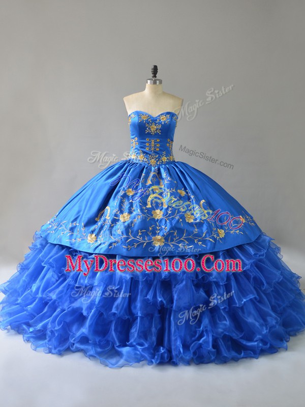 Royal Blue Sleeveless Floor Length Embroidery and Ruffles Lace Up 15 Quinceanera Dress