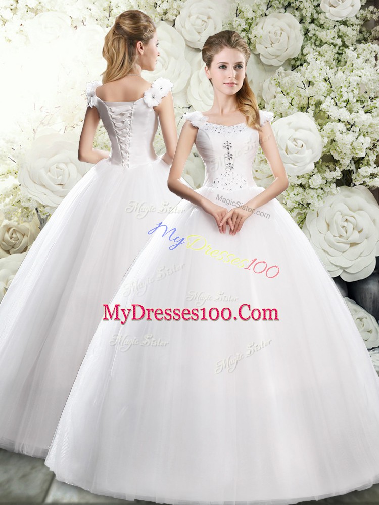 Luxurious Beading and Hand Made Flower Wedding Dress White Lace Up Sleeveless Floor Length