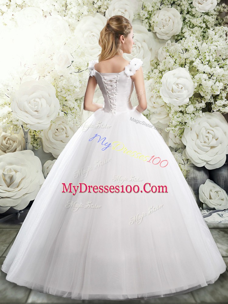 Luxurious Beading and Hand Made Flower Wedding Dress White Lace Up Sleeveless Floor Length