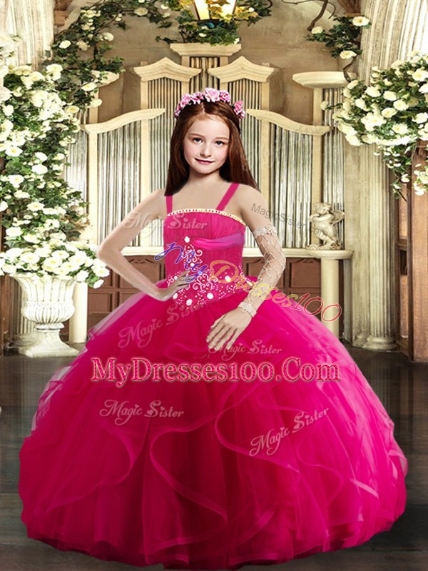 Hot Pink Lace Up Little Girl Pageant Gowns Beading and Ruffles Sleeveless Floor Length