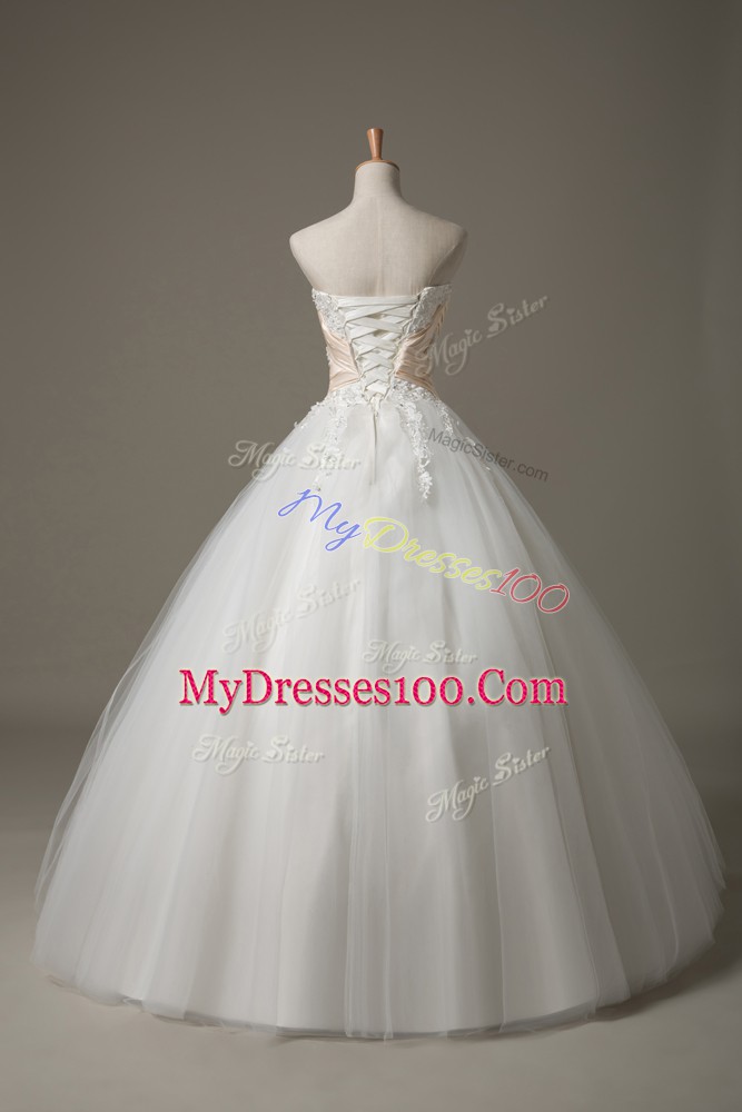 Dynamic White Tulle Lace Up Sweetheart Sleeveless Floor Length Wedding Gown Beading and Lace