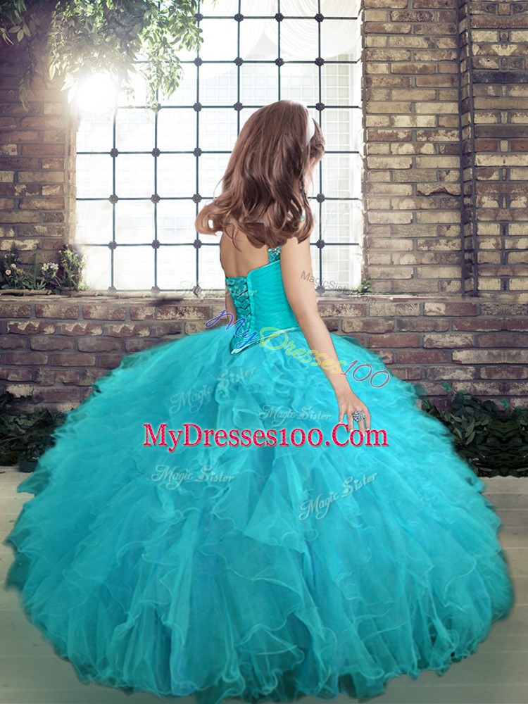 Green Ball Gowns Tulle Straps Sleeveless Beading and Ruffles Floor Length Lace Up Pageant Gowns For Girls