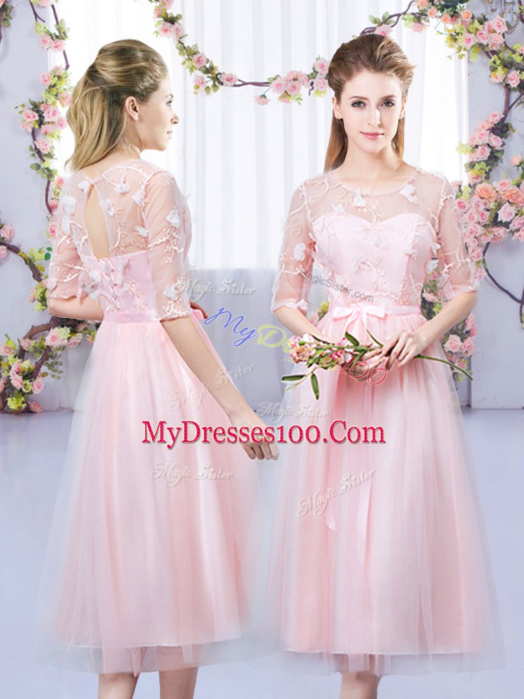 Excellent Baby Pink Tulle Lace Up Scoop Half Sleeves Tea Length Wedding Party Dress Lace and Belt