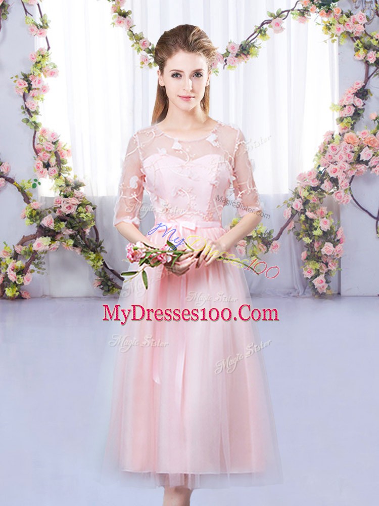 Excellent Baby Pink Tulle Lace Up Scoop Half Sleeves Tea Length Wedding Party Dress Lace and Belt