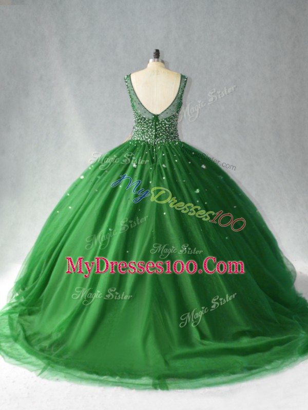 Edgy Dark Green Quince Ball Gowns Sweet 16 and Quinceanera with Beading Scoop Sleeveless Brush Train Zipper