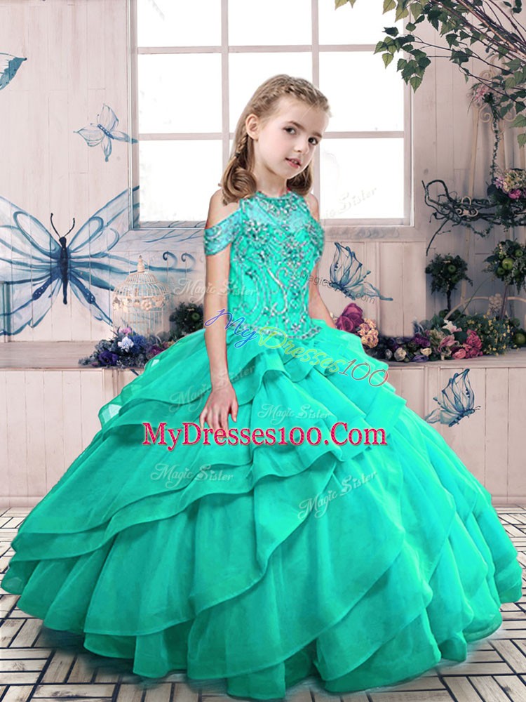 Top Selling Turquoise Ball Gowns High-neck Sleeveless Organza Floor Length Lace Up Beading and Ruffled Layers Kids Formal Wear