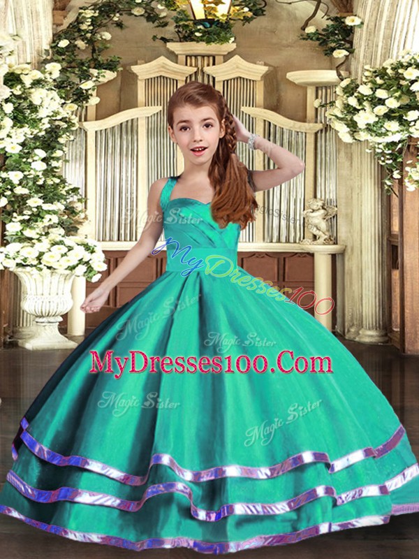 Turquoise Straps Neckline Ruffled Layers Girls Pageant Dresses Sleeveless Lace Up