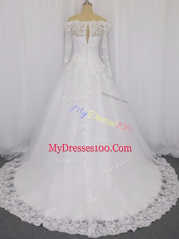 Enchanting Long Sleeves Brush Train Clasp Handle Beading and Lace Bridal Gown