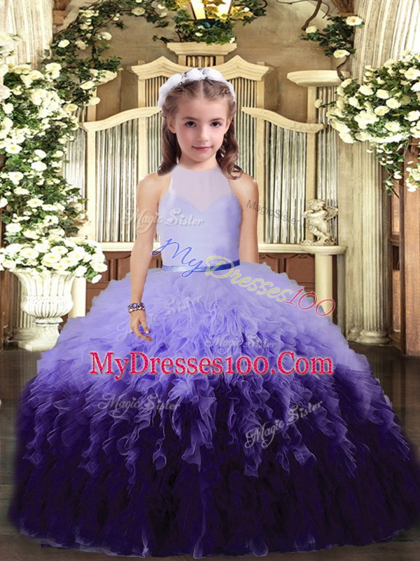 Dazzling Floor Length Multi-color Little Girl Pageant Dress High-neck Sleeveless Backless