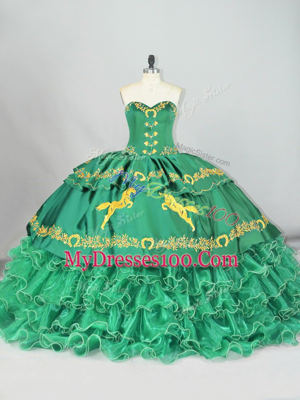 Green Lace Up Sweetheart Sleeveless 15 Quinceanera Dress Brush Train Embroidery and Ruffled Layers